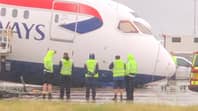 英国航空飞机的鼻子在希思罗机场的停机坪上倒塌
