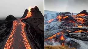 令人难以置信的无人机镜头显示冰岛爆发的火山