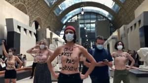 裸露的女权主义者在女性被拒绝进入乳沟后抗议博物馆