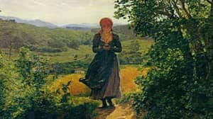 从1860年绘画看起来像一个女人拿着iPhone