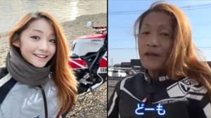 年轻的女性日本摩托车人透露成为50岁的男人
