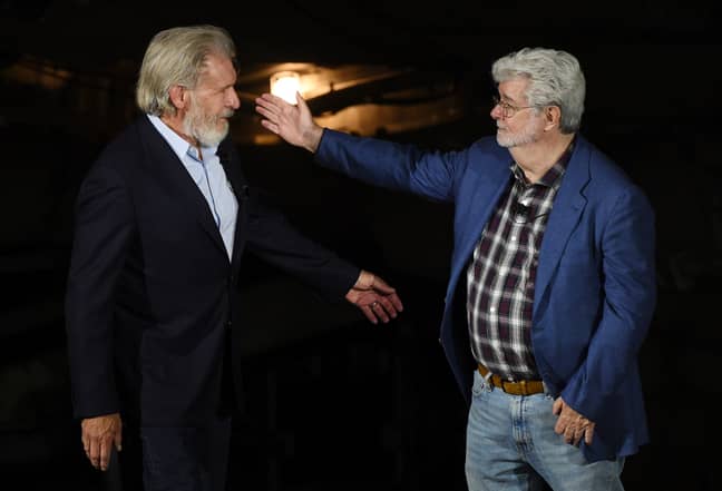 乔治·卢卡斯（George Lucas）和哈里森·福特（Harrison Ford）在发布会上。学分：PA