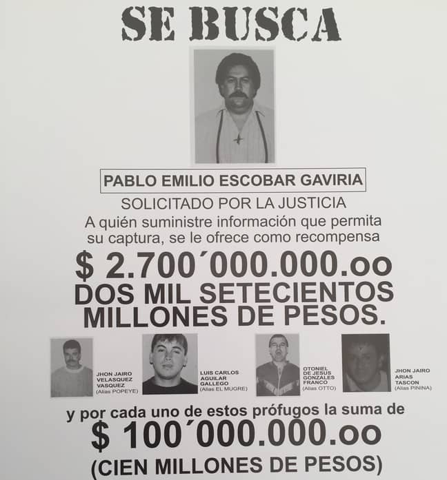 想要的海报为Pablo Escobar提供了丰厚的奖励。信用：PA