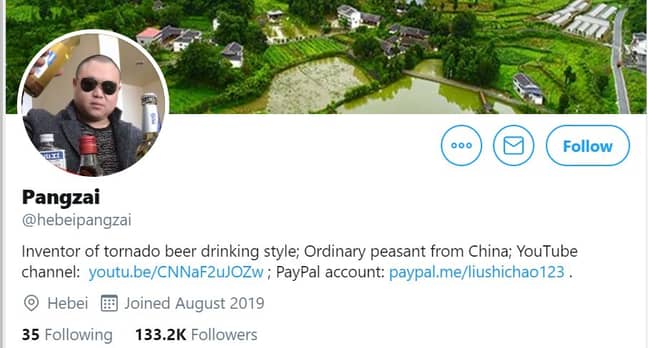 Pangzai在他的Twitter个人资料中形容自己是“龙卷风啤酒饮用风格的发明者”。信用：Twitter