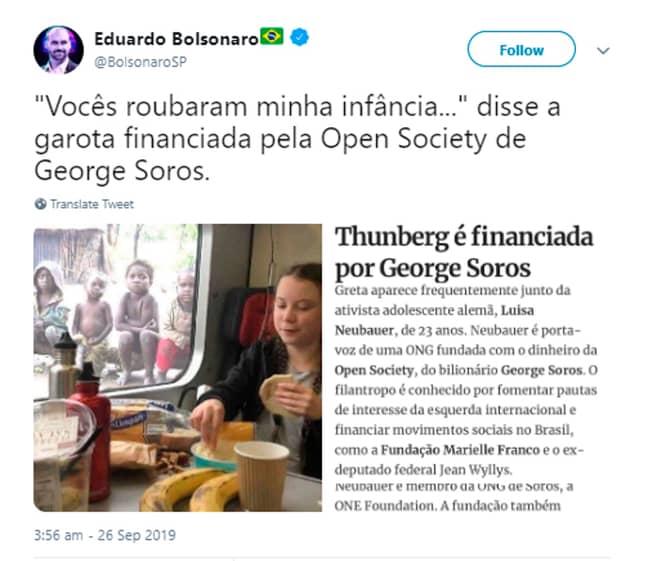 爱德华多·博尔森罗（Eduardo Bolsonaro）的推文。学分：CEN