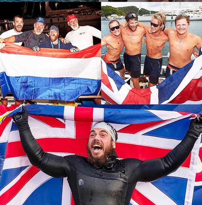 从左上方顺时针方向：荷兰大西洋四人的比赛获胜者；跑步者鼓舞人心；罗斯·埃格利（Ross Edgley）完成了大英国游泳比赛后。学分：Ross Edgley/Instagram