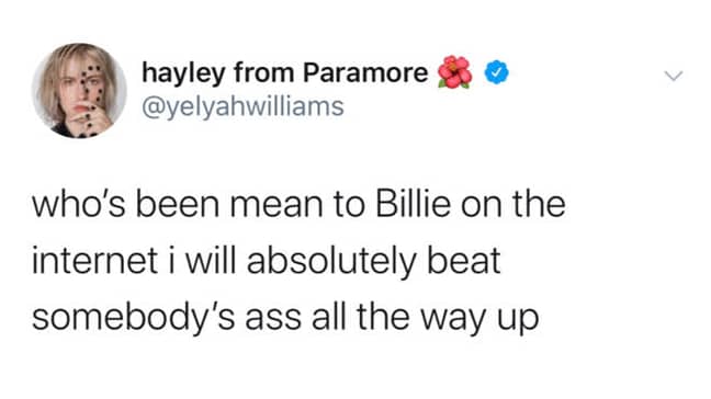 威廉姆斯说，她会“殴打”任何对比利·埃里什（Billie Eilish）卑鄙的人。信用：Twitter