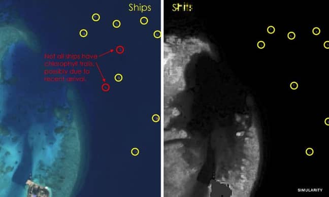 船只的位置显示在左侧，右侧的人类废物的算法生长显示在右侧。学分：欧洲航天局/模拟