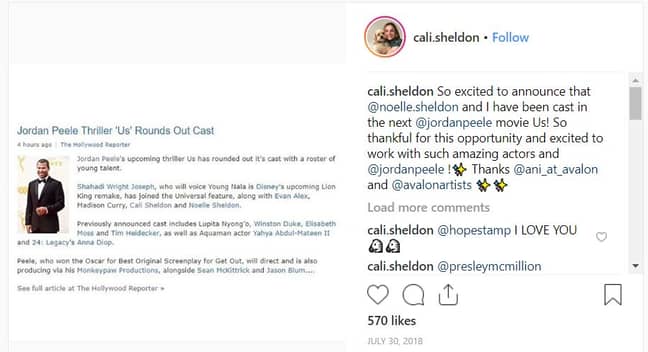 卡利在她的Instagram页面上宣布必威备用网了这一消息。学分：Instagram/Cali.Sheldon