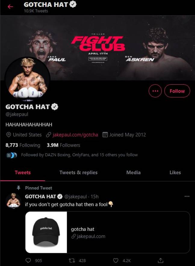 杰克·保罗（Jake Paul）将他的Twitter名称更改为“ Gotcha Hat”。信用：Twitter
