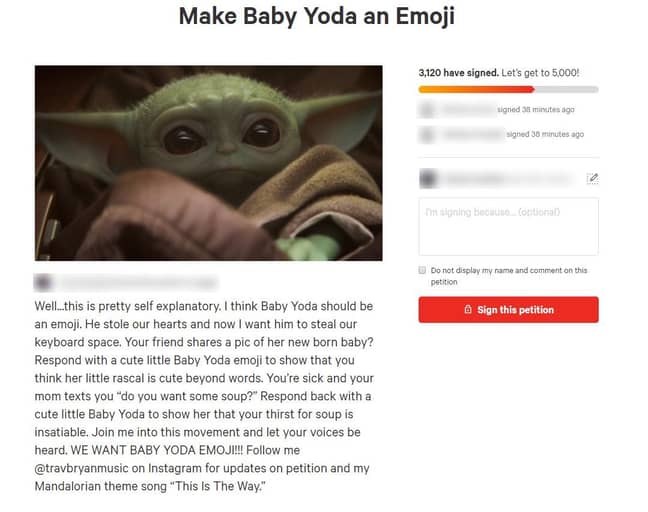 粉丝想要一个婴儿yoda表情符号。信用：change.org