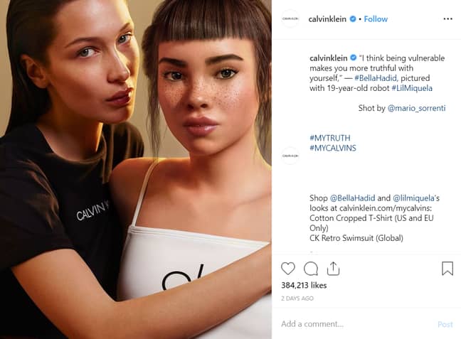 Bella Hadid和Lil Miquela在促销拍摄中。信用：Calvin Klein / Instagram“width=