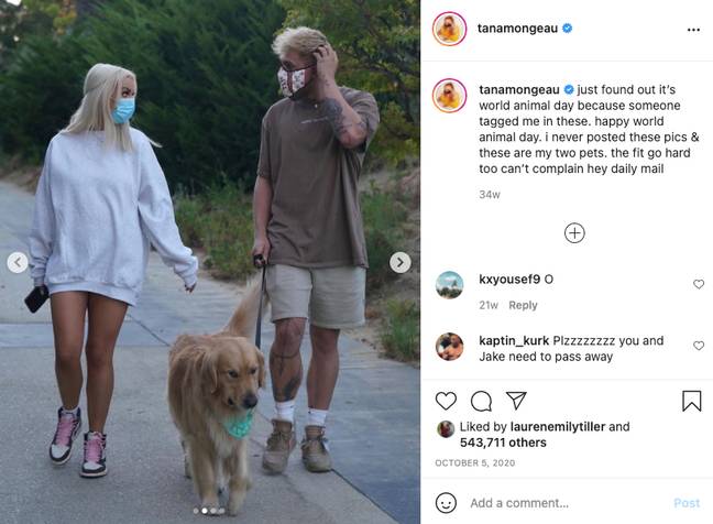 塔娜·蒙古（Tana Mongeau）和杰克·保罗（Jake Paul）在2020年的锁定期间被发现走路（信用：Instagram/tana.mongeau）