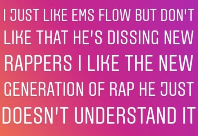 贾斯汀·比伯（Justin Bieber）说，阿姆（Eminem）在他的Instagram故事中不了解新一代说唱音乐。学分：Justin Bieber/Instagram