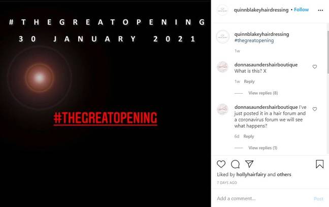 西尼德·奎因计划在1月30日重新开放她的沙龙。信贷:Instagram