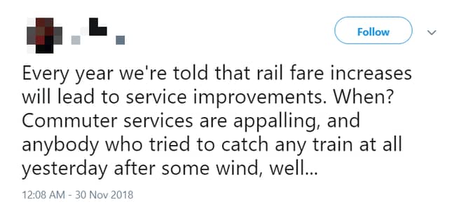 整个英国的铁路票价将增长3.1％。信用：Twitter“width=