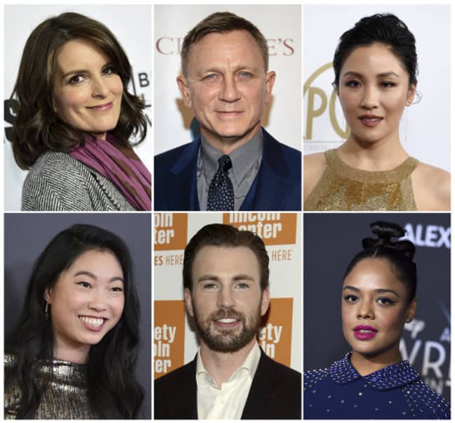 顶级（L-R）Tina Fey，Daniel Craig，Constance Wu。底行（L-R）Awkwafina，Chris Evans和Tessa Thompson。信用：PA