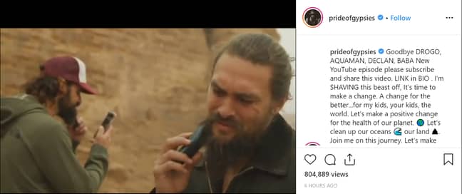 Momoa分享了他在Instagram和YouTube上剃光胡须的视频。学分：Jason Momoa