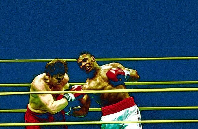 迈克·泰森（Mike Tyson）vs史蒂夫·佐斯基（Steve Zouski）于1986年3月10日在拿骚体育馆举行。信贷：Alamy