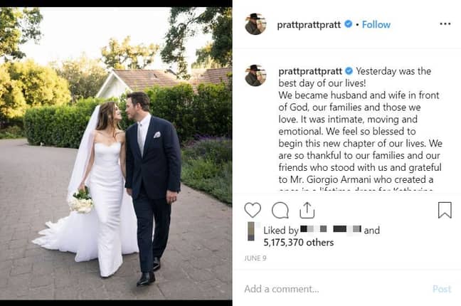 克里斯·普拉特（Chris Pratt）本月初与凯瑟琳·施瓦辛格（Katherine Schwarzenegger）结婚。学分：Instagram/@prattprattpratt