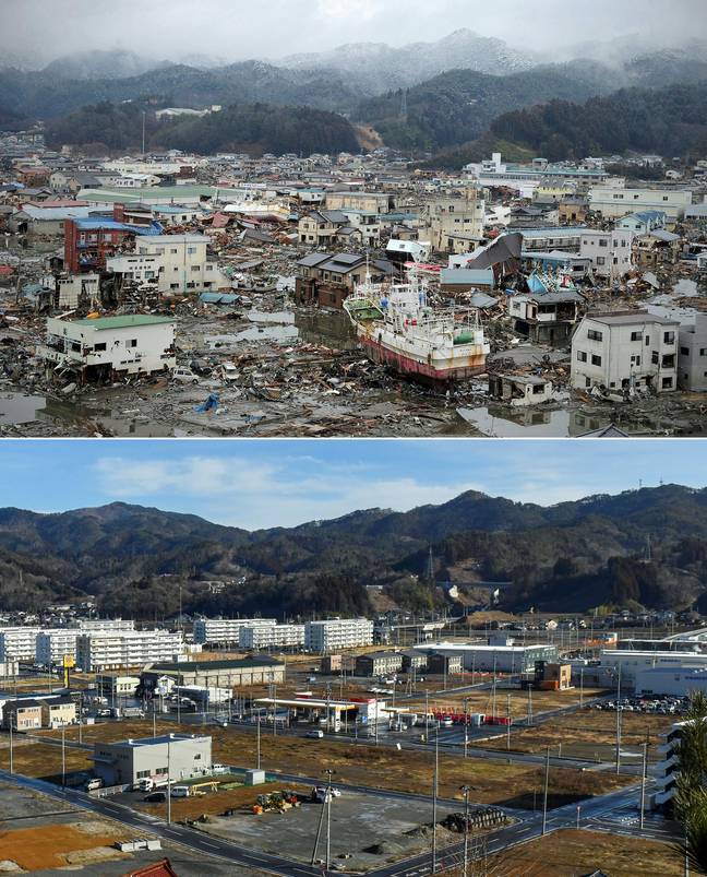 凯苯，宫城县 - 直接在地震之后和十年后。信用：Philippe Lopez，Kazuhiro Nogi / AFP通过Getty Images