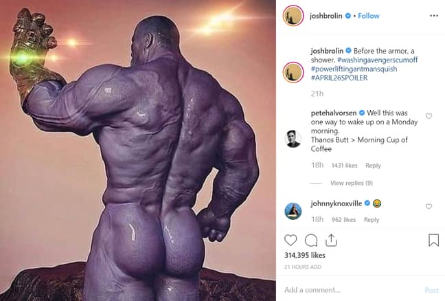曾经想过赤裸裸地看到Thanos吗？好吧，现在可以。学分：Josh Brolin/Instagram“width=