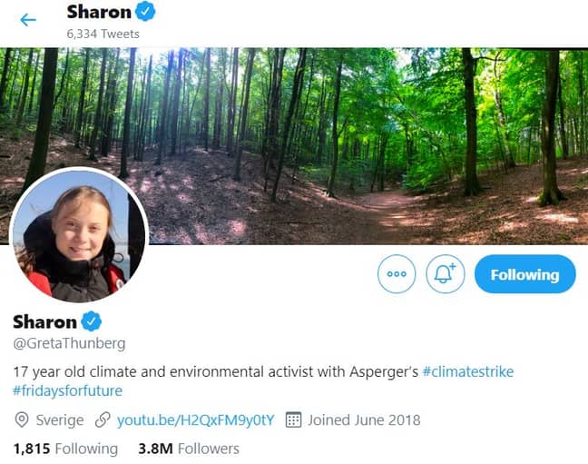 Thunberg在Twitter上更名为“ Sharon”。学分：Twitter/@Gretathunberg“width=