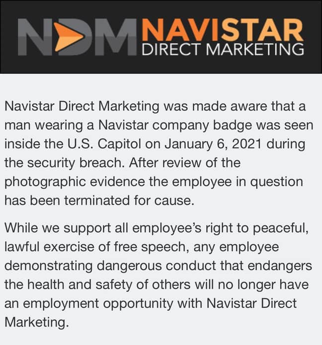这是他雇主的声明。信用：Navistar Direct Marketing