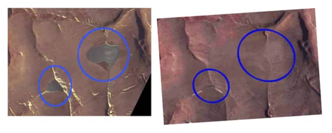 这些卫星图像显示了圣帕特里克湾冰盖以前存在的位置。左开始于2015年8月，右边是2020年7月。信贷：NASA
