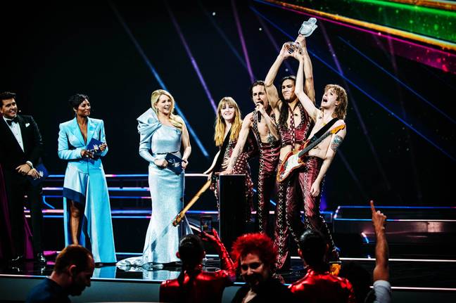 意大利的参赛者Måneskin庆祝赢得欧洲歌曲比赛。信用：PA