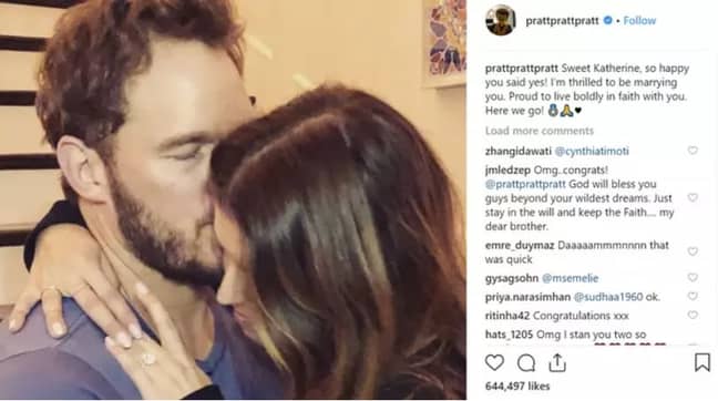 克里斯·普拉特（Chris Pratt）在Instagram上宣布与凯瑟琳·施瓦辛格（Katherine Schwarzenegger）的订婚。学分：Instagram/@prattprattpratt