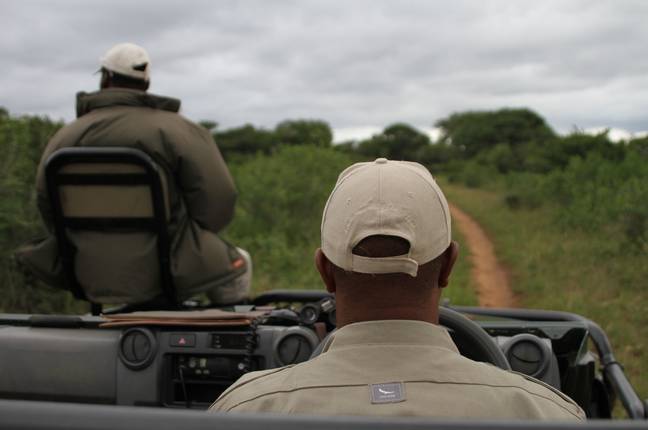 巡防队员在南非菲达私人禁猎区寻找白犀牛。信贷:爸爸”loading=