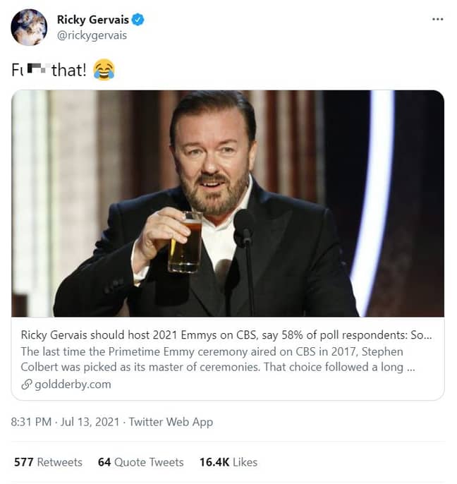 瑞奇·格维瓦（Ricky Gervais）对民意调查的回应。信用：Twitter