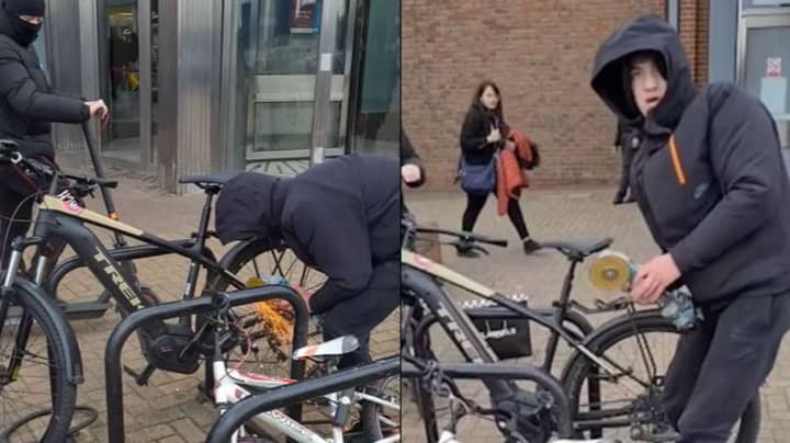 小偷在宽敞的日光下随便剪下3,000英镑的自行车用倾斜磨床