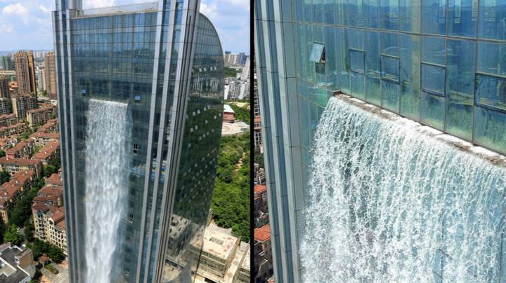 中国公司在摩天大楼边上建了350英尺高的瀑布