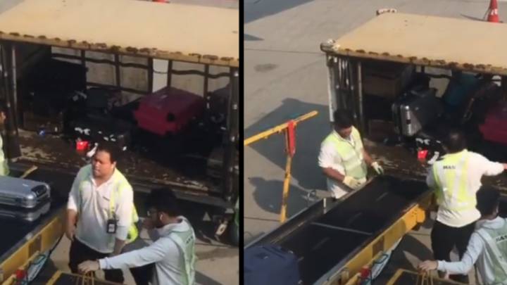 鲁莽的行李搬运工被拍到在机场扔“心爱”的行李